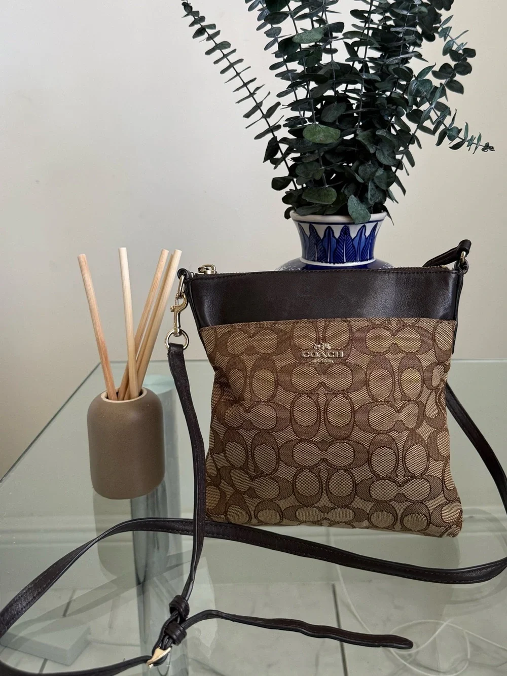 Coach Brown Signature Crossbody Bag with Dark Brown Trim